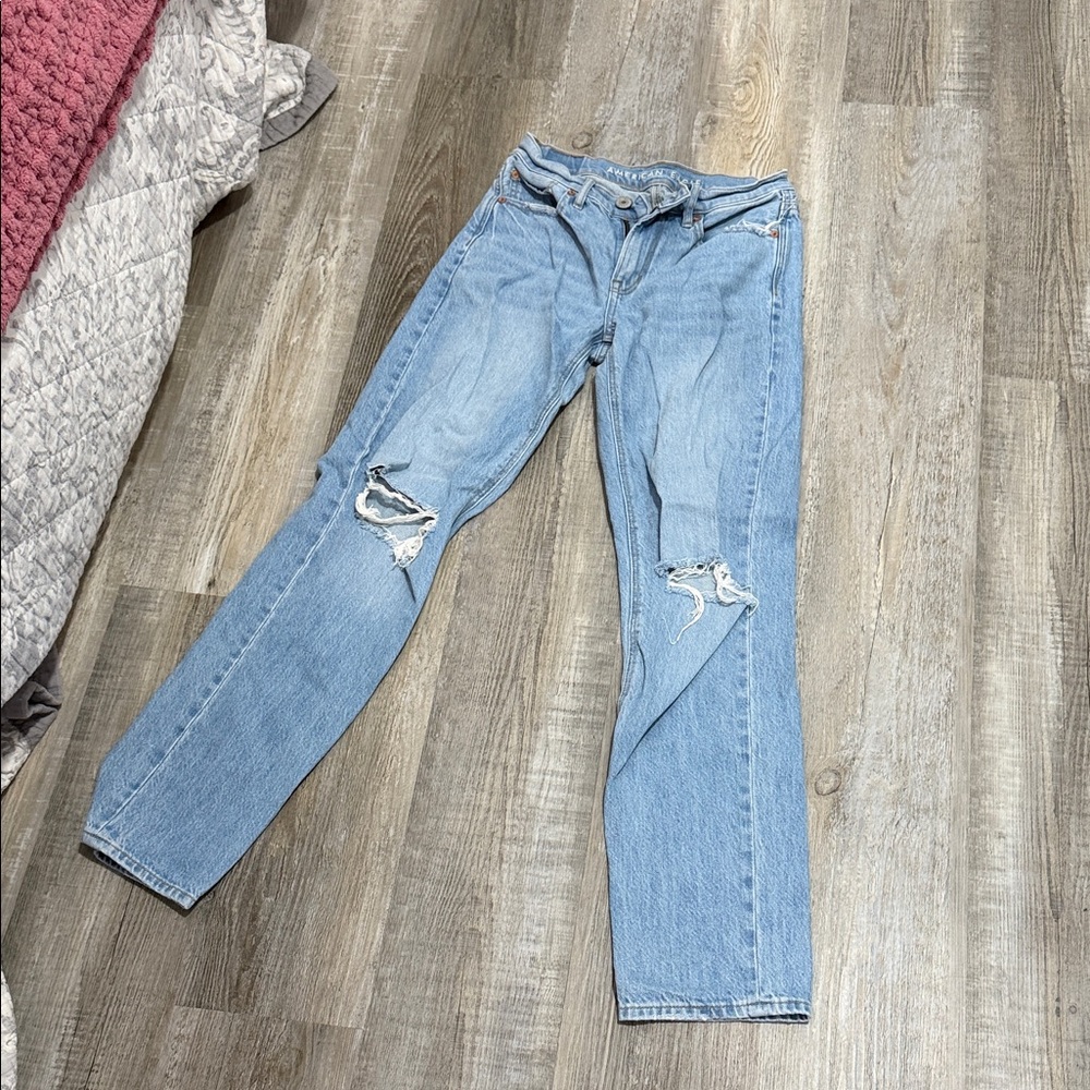 American Eagle Outfitters Light Blue Distressed Straight Leg Jeans LONG